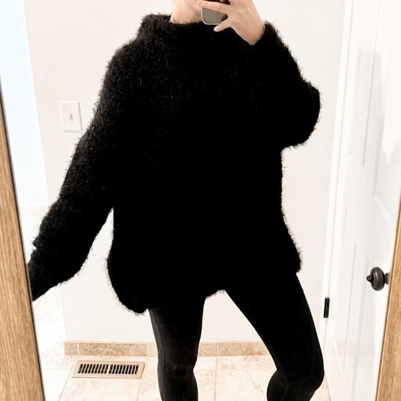 Free People Oasis Black Funnel Neck Eyelash Oversized Slouchy Sweater Tunic XL - Picture 6 of 15